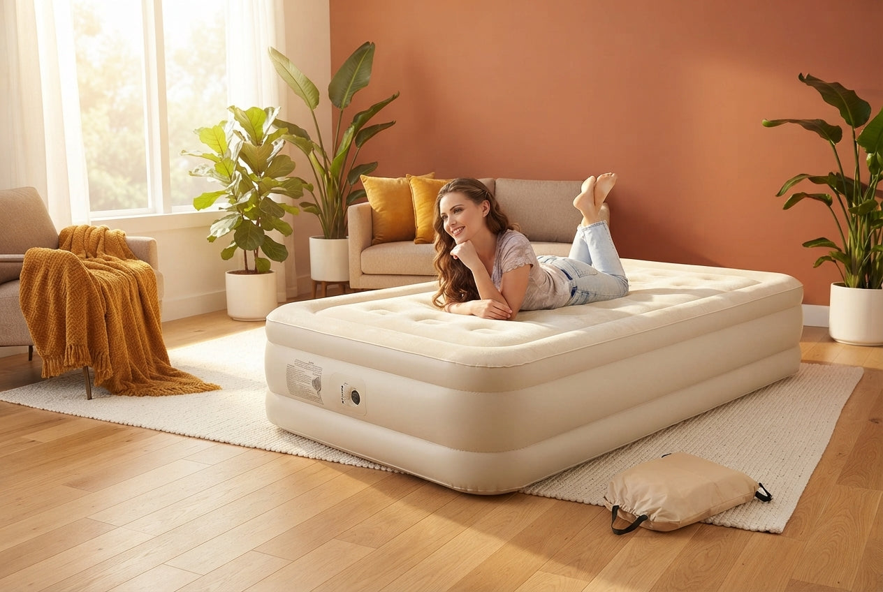 A cream-colored inflatable air bed in a modern living room decorated with terracotta and amber accents.