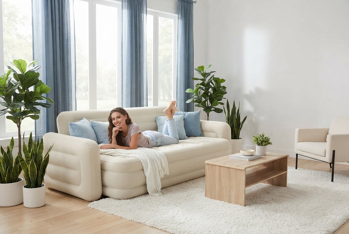 Cream-colored inflatable sofa bed in a bright modern living room with blue accents and soft natural lighting.