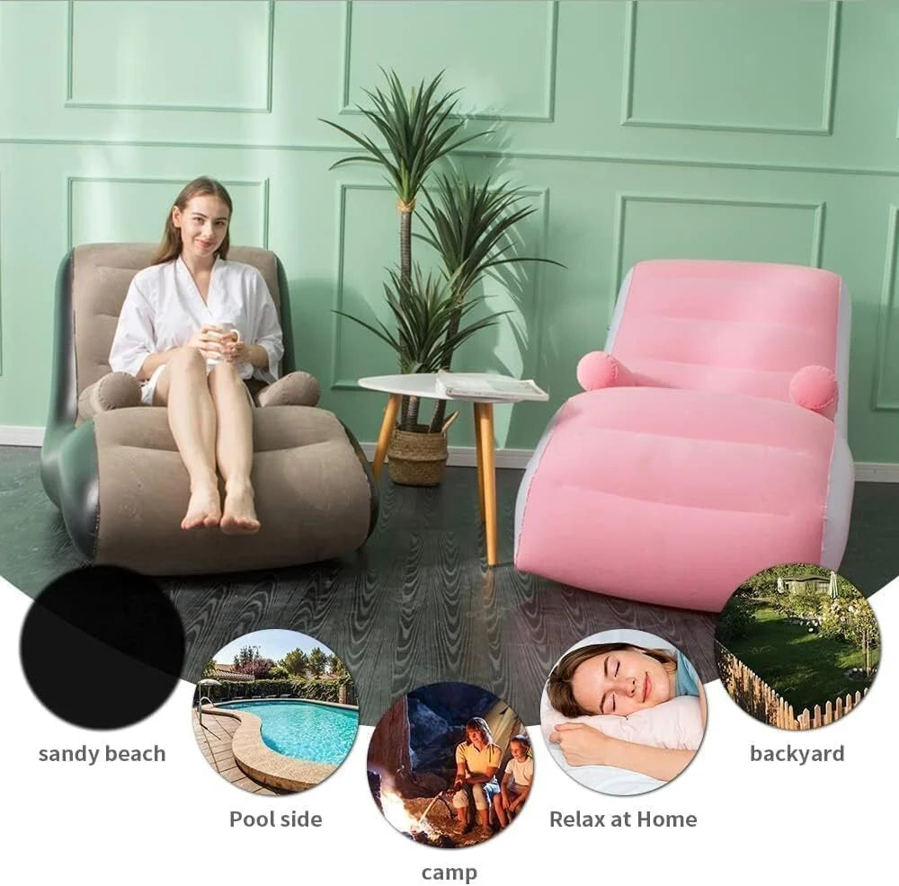 Rubberwood Inflatable Lazy Sofa Chair with Household air Pump, Foldable Lounge Chair with Armrests for Living Room, Bedroom, Office,Travel, Camping, Black, Grey
